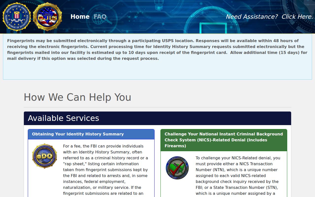 Brooke County arrest records FBI personal history request interface