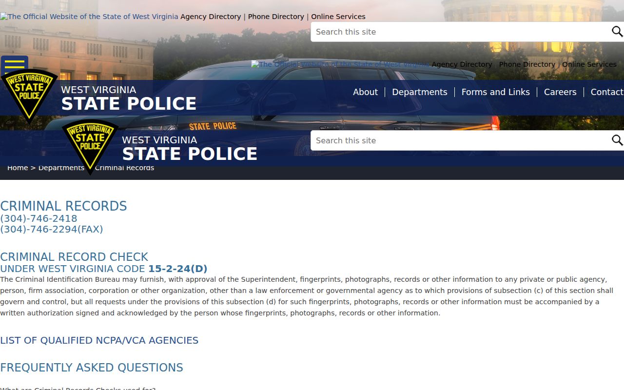 Brooke County criminal history review through WVSP CIB