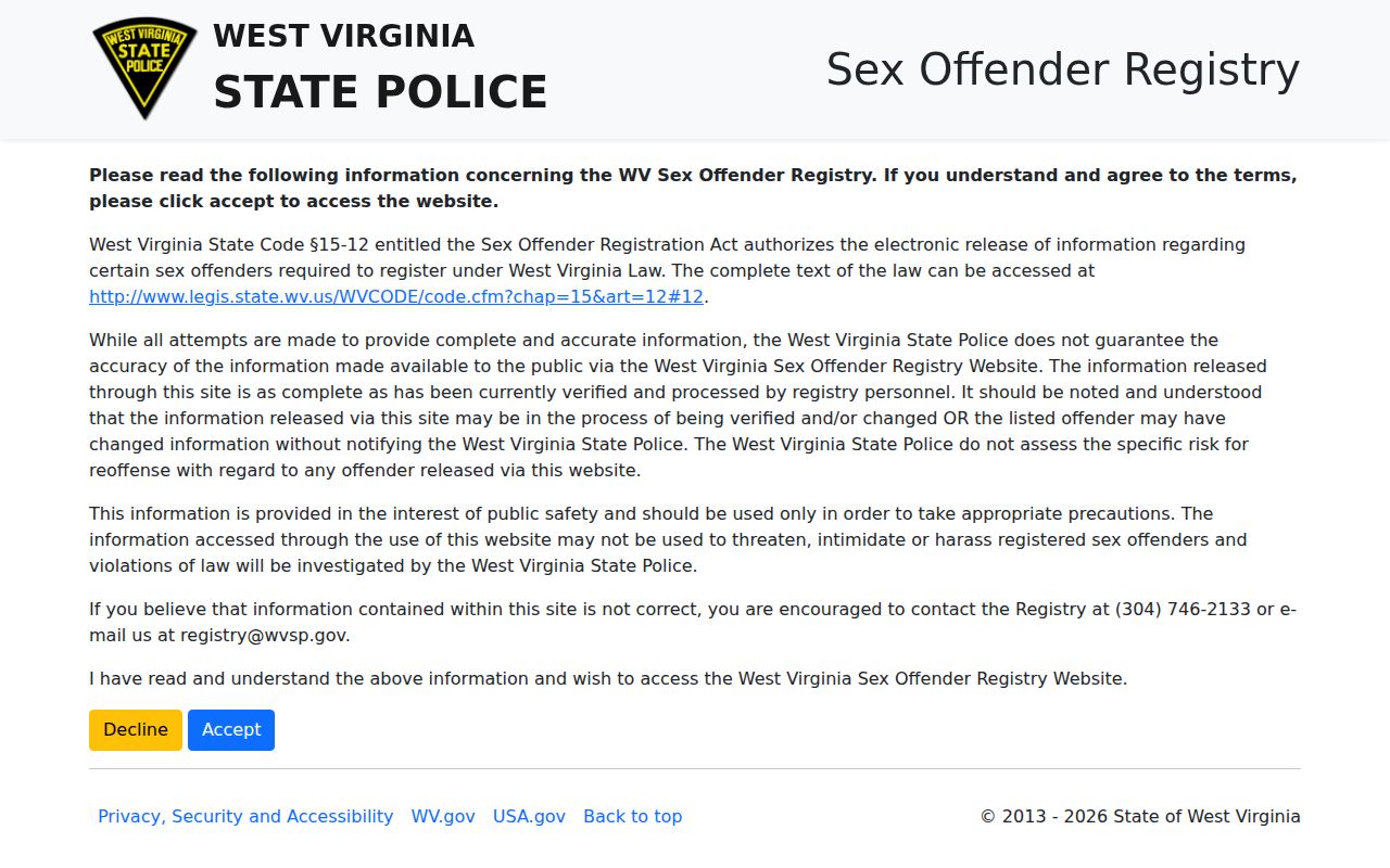 Brooke County sex offender lookup WVSP registry disclaimer
